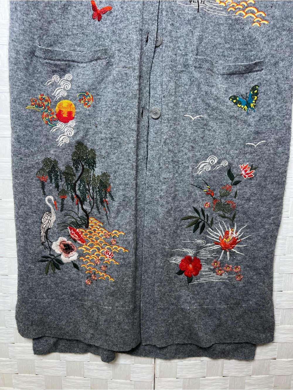 Johnny Was Gray Wool Cashmere Embroidered Long Sweater Vest Duster Cardigan (M) - Picture 3 of 16